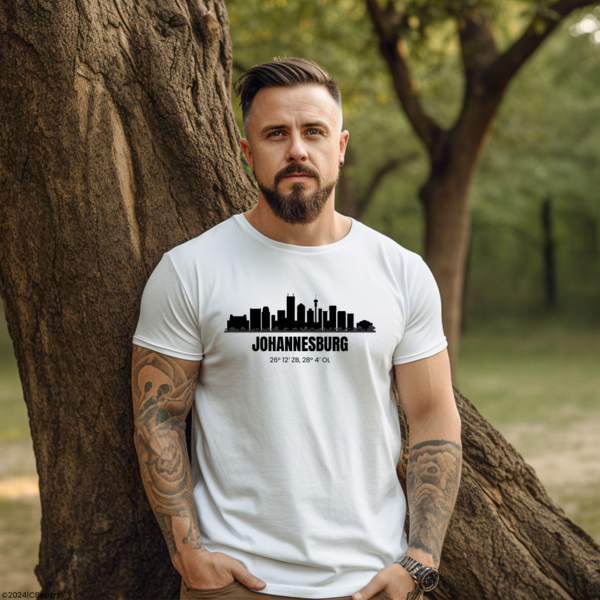 T-shirt heren wit "Skyline Johannesburg", bedrukt t-shirt, Afrikaanse winkel