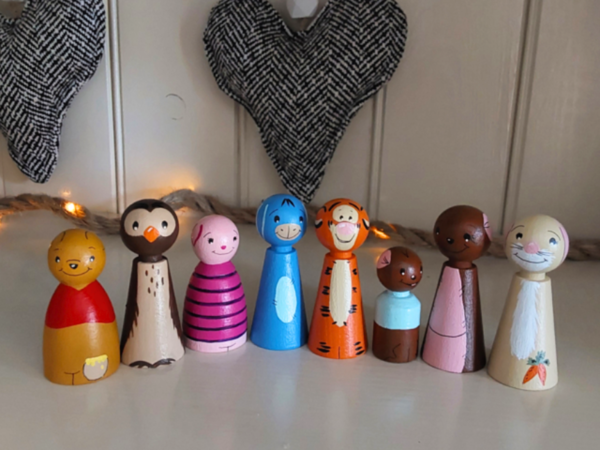 Peg Doll "Winnie the Pooh", houten popjes, gelukspopje (set van 8)