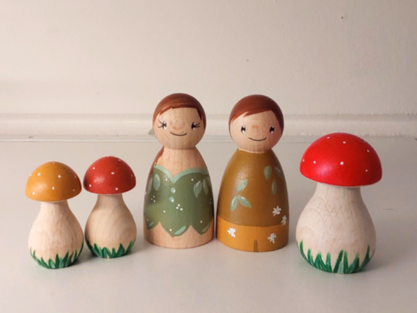 Peg Doll "Bos elfjes met paddenstoelen", houten popje, gelukspopje (set van 5)