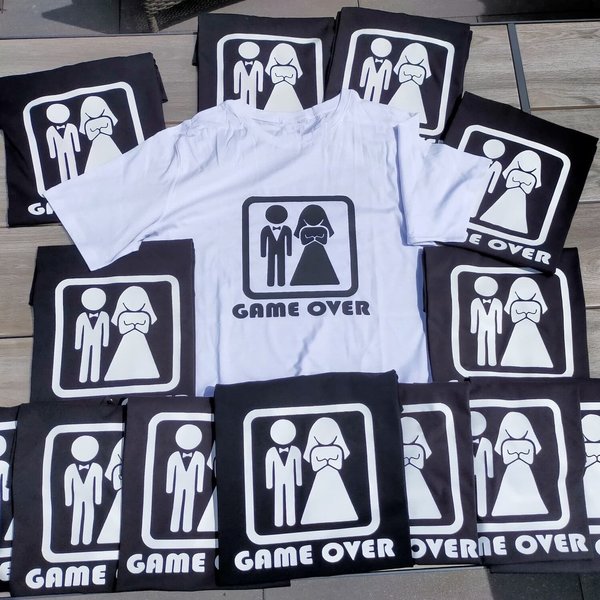 Shirt met grappige tekst "Game over", bedrukt textiel, vrijgezellenfeest