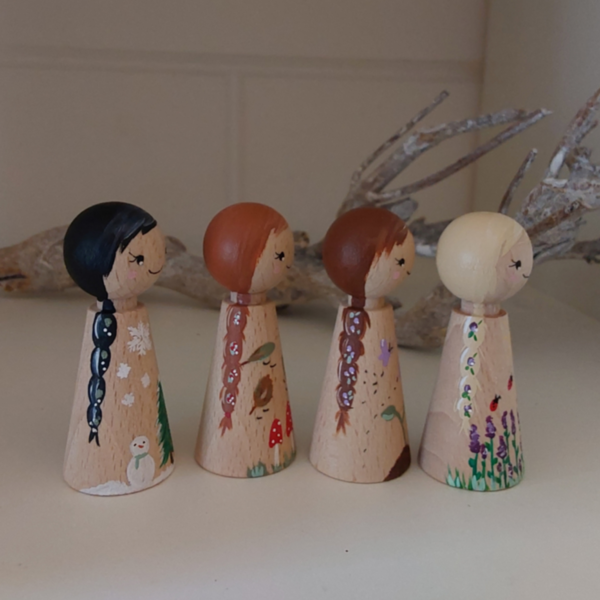 Peg Doll "Jaargetijden", houten popjes, gelukspopje (set van 4)