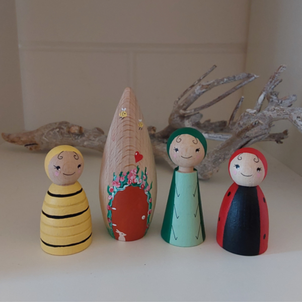 Peg Doll "Insectenset", houten popjes, gelukspopje (set van 4)