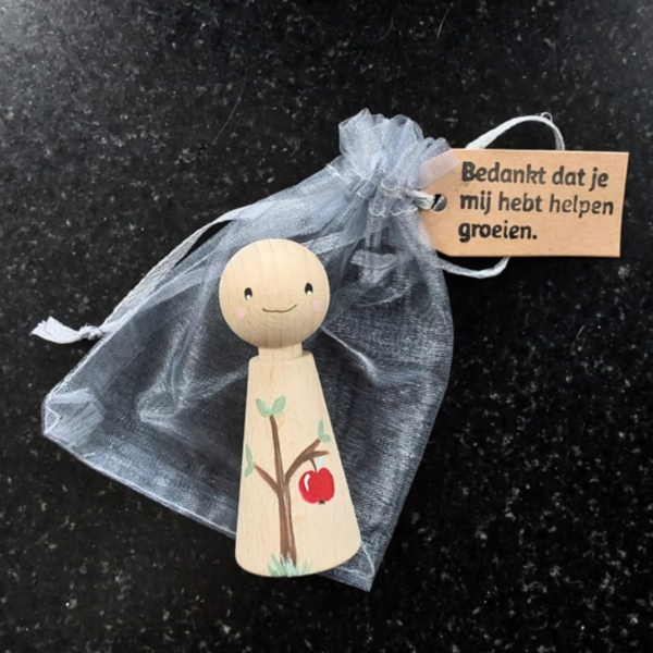 Peg Doll "Juf Bedankt", houten popje, gelukspopje, Juffendag