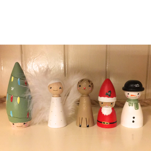 Peg Doll "Kerstset", houten popjes, gelukspopjes (set van 5), Kerst decoratie
