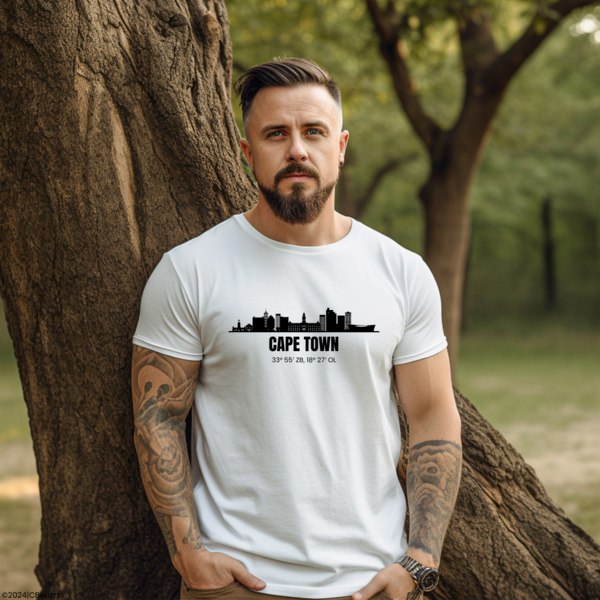 T-shirt heren wit "Skyline Cape Town", bedrukt t-shirt, Afrikaanse winkel